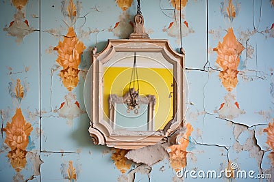 an old mirror hanging askew on a peeling wallpaper wall Stock Photo