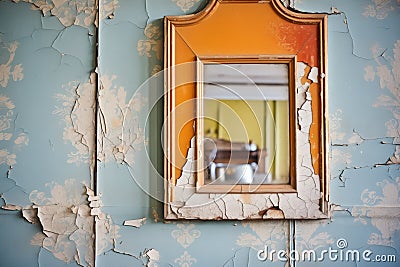 an old mirror hanging askew on a peeling wallpaper wall Stock Photo