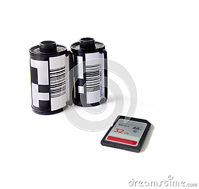 Old 35mm Film Camera Cartridges & SD Card Stock Photo