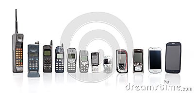 Old Mobile Phones from past to present on white background. Stock Photo