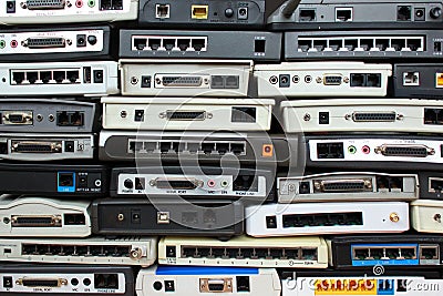 Old modems, routers, network equipment. Stock Photo