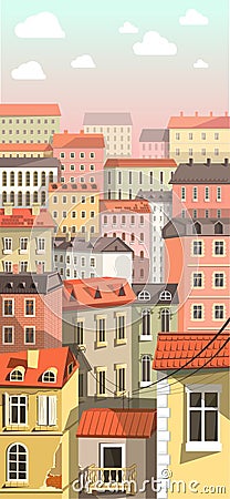 Old and Modern Buildings in Town in Flat Style Vector Illustration