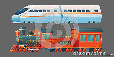 Old and modern trains, railroad commuter transport Vector Illustration