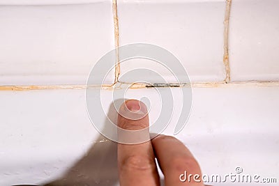 Silicone sealer is mildewed. Mold in the shower stall. Dampness and humidity. selective focus Stock Photo