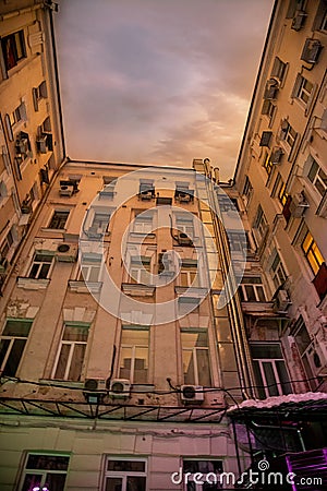 Old Moscow courtyard-well on a cold winter night Editorial Stock Photo