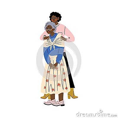 Old Mother with Adult Son, Young Man Hugging His Elderly Mom, Happy African American Family Concept Vector Illustration Vector Illustration