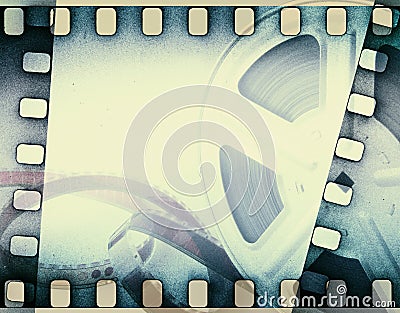 Old motion picture film reel with film strip. Stock Photo