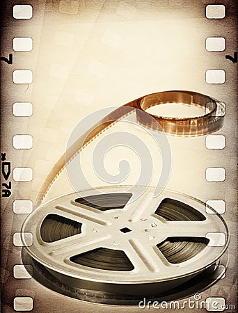 Old motion picture reel with film strip. Vintage background Stock Photo