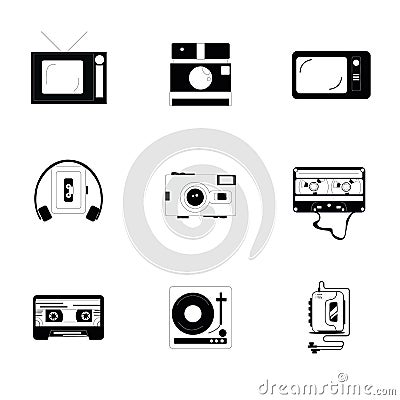 Old multimedia in the form of a set of 9 monochrome icons. Player, TV, Camera, Cassette. Vector Illustration