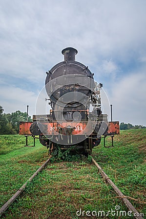 Old museum locomotive in nature covered with vegetation and rust Stock Photo