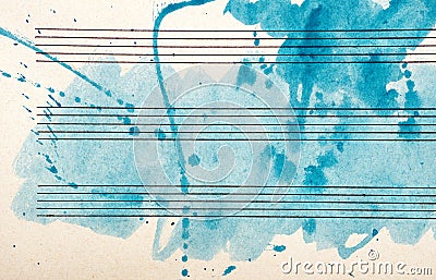 Old music sheet in blue watercolor paint. Blues music concept. Abstract blue watercolor background. Stock Photo