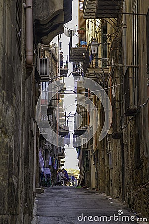 An old narrow and deserted street in the old downtown historic district of Palermo, Sicily Editorial Stock Photo