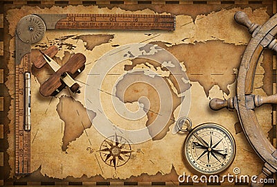 Old nautical map still life as adventure, travel and exploration theme Stock Photo