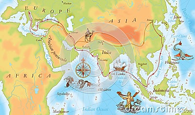 Old navy map. Marco Polo way Stock Photo