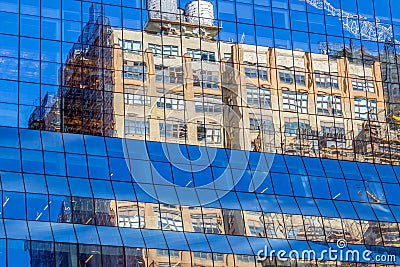 Old and new buildings in the mirror Stock Photo