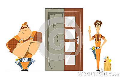 Old new door before and after concept. Two man locksmith. Vector Illustration