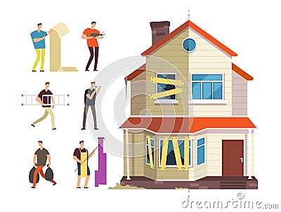 Old and new home. Renovation of house with repairer people. Building maintenance service isolated vector concept Vector Illustration