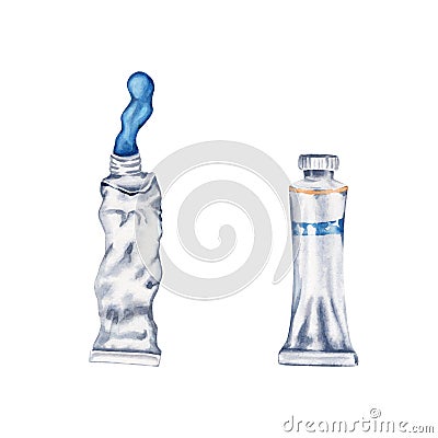 Old and New Paint Tube with Blue paint spilled out. Set of two paint tubes. Watercolor illustration isolated on white background. Cartoon Illustration
