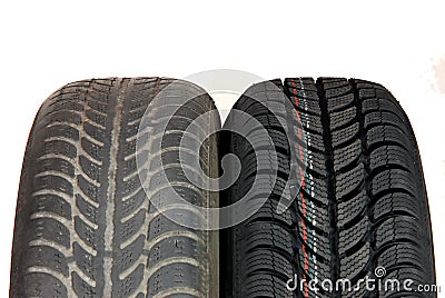 Old and new winter car tires Stock Photo