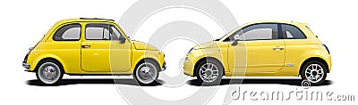 Old and new yellow Fiat 500 Stock Photo