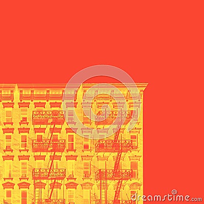 Old New York City apartment building exterior with fire escapes and windows in vibrant orange yellow Stock Photo