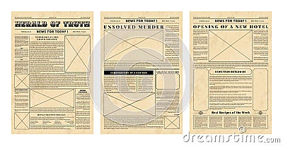 Old news paper template. Newsletter headline. Advertising page. Text edition. Header and article style. Nostalgic fonts Vector Illustration