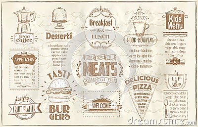Old newspaper style menu list - breakfast and lunch, fast food and pizza, etc Vector Illustration