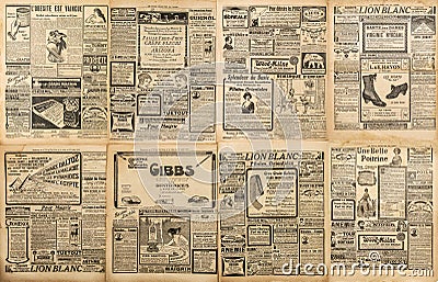 Old newspaper vintage lettering engraving advertising Used paper background Stock Photo