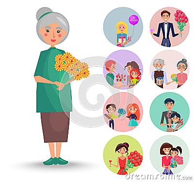 Old Grandmother with Orange Flowers Illustration Vector Illustration