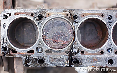 Old non-working engine with rusty pistons Stock Photo