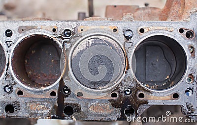 Old non-working engine with rusty pistons Stock Photo