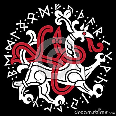 Old Norse design. Dragon in a circle of ancient Scandinavian runes Vector Illustration