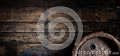 Old oak beer barrel on an old wooden wall banner Stock Photo