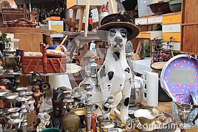 Old objects and furniture for sale at a flea market Stock Photo