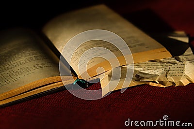 Old open book with blurred text and torn page, in dark settings Stock Photo