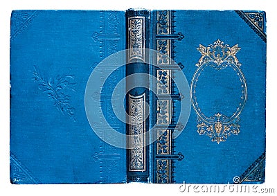 Old open book cover with embossed golden abstract pattern and floral decorations isolate on white background. Stock Photo