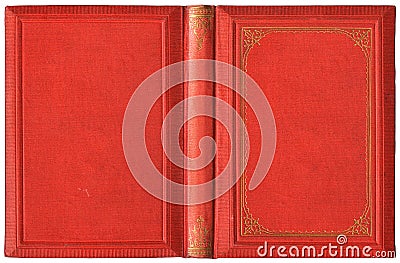 Old open book cover in red canvas and embossed golden decorations - circa 1895 Stock Photo
