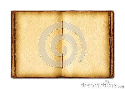 Old open medieval book with worn parchment pages. Isolated on white background Stock Photo