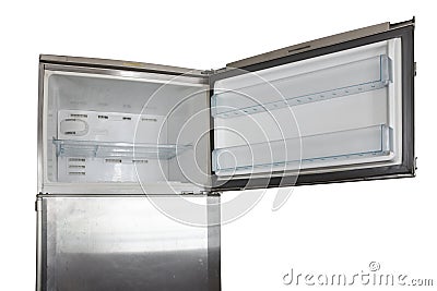 Old open stainless steel refrigerator freezer clipping path on white background Stock Photo