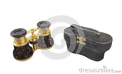 Old opera glasses and case isolated. Stock Photo