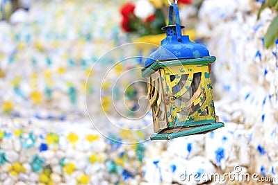 Old oriental stained glass wooden oil lamp Stock Photo