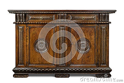 Old original Italian vintage wooden carved sideboard buffet cabi Stock Photo