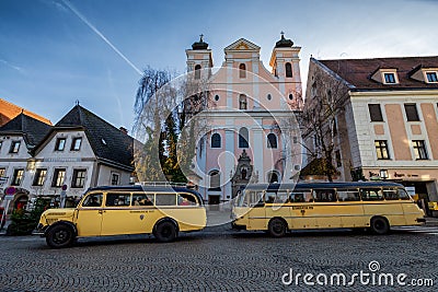 Old Original Steyr Saurer Post Bus on Main Square in Steyr Editorial Stock Photo