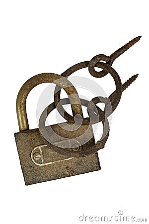 Old weathered grunge rusty locked padlock with rings Stock Photo