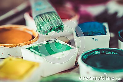 Old paint box with colorful watercolors, closeup Stock Photo