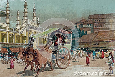 Old painting of Jama Masjid and Bullock cart Mumba Editorial Stock Photo