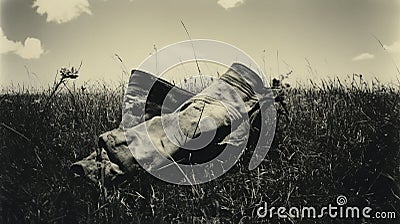 Vintage Black-and-white Photo Old Shoe In Grassy Field Stock Photo