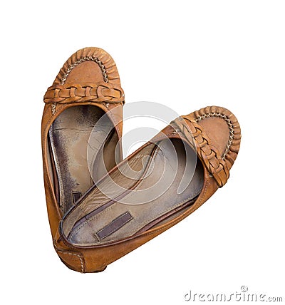 Old pair of women`s shoes made of genuine leather isolated on a white background Stock Photo