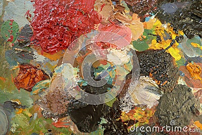 Old palette with artistic colors of different saturated colors. top view. Stock Photo