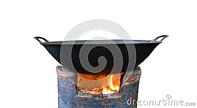 Old pan placed on the fireplace. Stock Photo